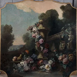 Pear Prints: Vase, flowers, and fruit in a landscape, 1911. Creator: Felix Boutreux