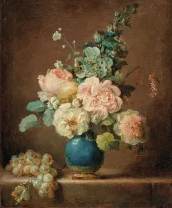 Bunch Of Flowers Prints: Vase of flowers and grapes on an entablature