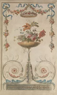 Flower Arrangement Gallery: Vase of Flowers Resting on Foliate Scrolls, 1770-90. Creator: French Painter, 18th century