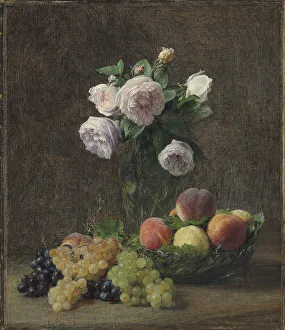 Henri 1836 1904 Prints: Vase de roses, peches et raisins, 1894. Artist: Fantin-Latour, Henri (1836-1904)