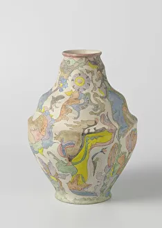Vase with vaulted belly, polychrome painted with watercolour, c.1920-c.1922. Creator: Plateelbakkerij Zuid-Holland