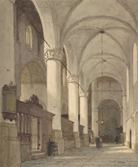 Vaulted Ceiling Gallery: Vaulted Side Aisle of a Church, with Figures, 19th century. Creator: Johannes Bosboom