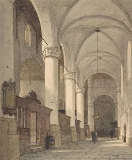 Johannes Gallery: Vaulted Side Aisle of a Church, with Figures, 19th century. Creator: Johannes Bosboom