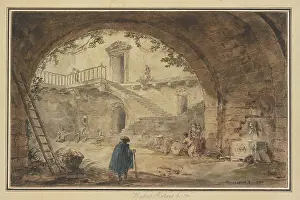 Ladder Prints: Vaulted ceiling with an antique fountain and a view of a staircase
