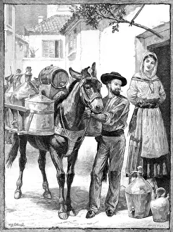 Street Vendor Prints: A vendor of oil and vinegar: a sketch near Lisbon, 1883. Creator: Eugene Froment