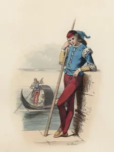 Venetian gondolier from beginning 16th century, color engraving 1870 Venetian gondolier from beginning 16th century, color engraving 1870