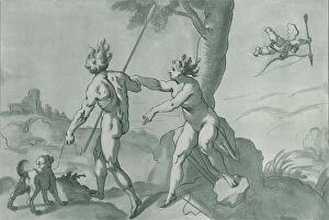 Adonis Collection: Venus and Adonis (?), nude in a landscape with a dog at left and Cupid at upper right