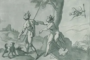 Adonis Prints: Venus and Adonis (?), nude in a landscape with a dog at left and Cupid at upper right