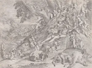 Testa Pietro Prints: Venus and Adonis, surrounded by many putti, reclining after the hunt, with a dead boar