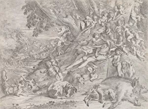 Venus and Adonis, surrounded by many putti, reclining after the hunt, with a dead boar