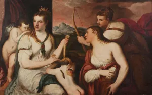 Andrea Schiavone Prints: Venus blindfolds Cupid's eyes, mid-16th century. Creator: Andrea Schiavone