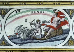 Feminine Prints: Venus, colored engraving from the book Le Theatre du monde or Nouvel Atlas, 1645