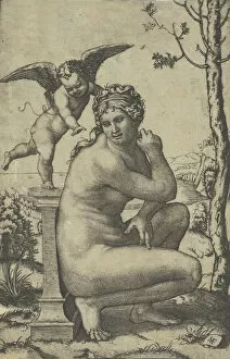 Venus crouching by a plinth on top of which stands Cupid, ca. 1510-27. Creator: Marcantonio Raimondi
