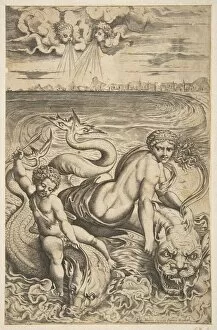 Dente Gallery: Venus and Cupid riding two sea monsters, Cupid raises an arrow in his right hand, t