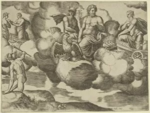 Venus in her dove-drawn chariot complaining to Jupiter who is accompanied by Mercury, f..., 1530-60
