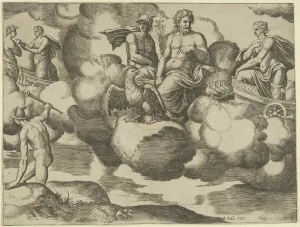Die Master Of The Prints: Venus in her dove-drawn chariot complaining to Jupiter who is accompanied by Mercury