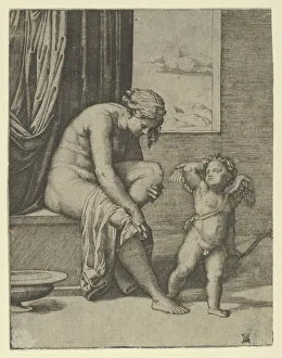 Venus drying her foot with a piece of drapery, Cupid in front of her, holding a bow... ca. 1510-27. Creator: Marcantonio Raimondi