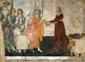 Charites Gallery: Venus and the Three Graces offering presents to a young girl, 1484-1486