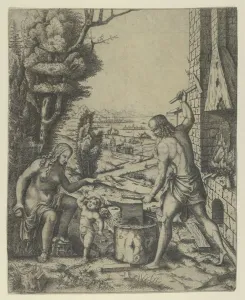 Gods Gallery: Venus at left holding a golden apple in her right hand and an arrow in her left, Vulca... ca. 1505