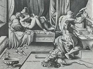 Vulcan Gallery: Venus and Mars Embracing as Vulcan Works at His Forge, 1543. Creator: Enea Vico