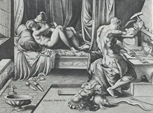 Metalworking Prints: Venus and Mars Embracing as Vulcan Works at His Forge, 1543. Creator: Enea Vico