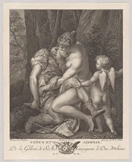 Adonis Collection: Venus mourning Adonis, seated beneath a tree and embracing him, with Cupid at right, c