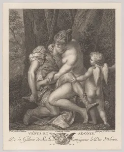 Adonis Prints: Venus mourning Adonis, seated beneath a tree and embracing him, with Cupid at right, c