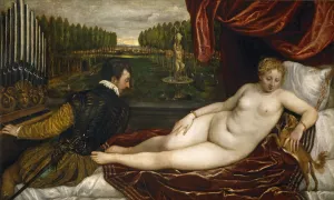 Aphrodite Prints: Venus, an Organist and a Little Dog. Artist: Titian (1488-1576)