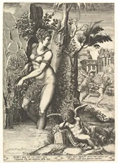 Adonis Prints: Venus pricked by the thorns on a rose bush, in the background Mars chasing Adonis