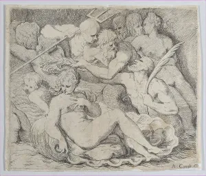 Correggio Prints: Venus, recumbent on a shell, surrounded by sea gods, 1520-1600. Creator: Anon