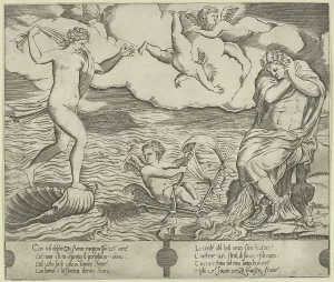 Eros Prints: Venus riding a conch at left and cowering man (Jason) at right