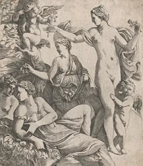 Graces Collection: Venus, standing with the three Graces, is offered a flower from a putto, 1607-61