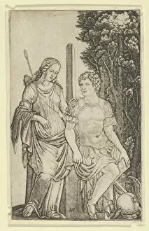Venus standing at left resting her hand on the shoulder of Aeneas seated at right... ca. 1500-1527