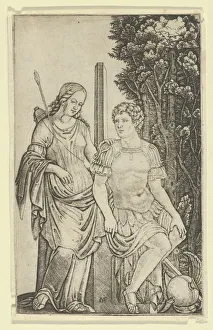 Venus standing at left resting her hand on the shoulder of Aeneas seated at right... ca. 1500-1527. Creator: Marcantonio Raimondi