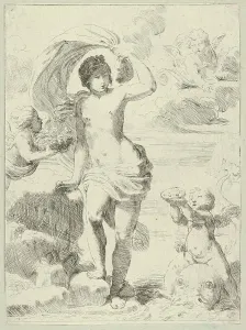 Offerings Prints: Venus stepping out of the sea, holding a billowing drapery in her left hand