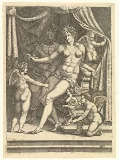 Vulcan Gallery: Venus and Vulcan Seated on a Bed and Three Putti, mid-1550s. Creator: Giorgio Ghisi