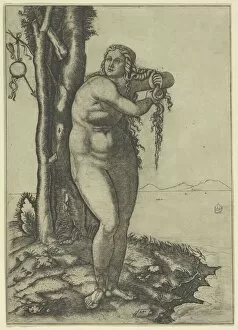 Venus wringing the water from her hair, standing at the water's edge, 1506. Creator: Marcantonio Raimondi