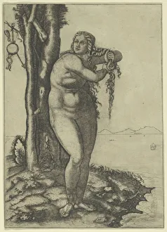 Venus wringing the water from her hair, standing at the waters edge, 1506. Creator: Marcantonio Raimondi