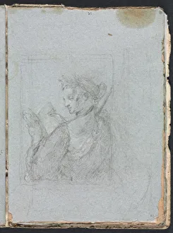 Black Chalk With White Heightening Prints: Verona Sketchbook: Female figure with open book (page 63)