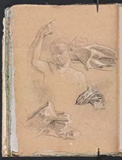Black Chalk With White Heightening Prints: Verona Sketchbook: Figure with upraised right arm and drapery studies (page 68), 1760