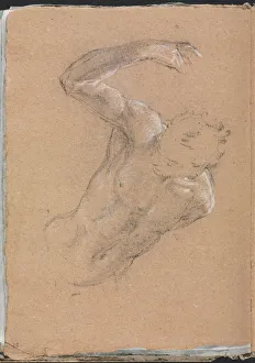 Black Chalk With White Heightening Prints: Verona Sketchbook : Male nude with upraised right arm (page 32)