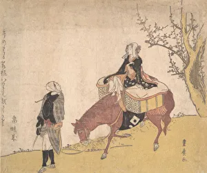 Pannier Prints: Version of Legend of Michizane: woman riding horse which a man is leading