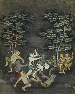 Jujaka Prints: Vessantara Jataka, Chapter 11: Jujaka Beset by Villagers, c1875-1925. Creator: Unknown