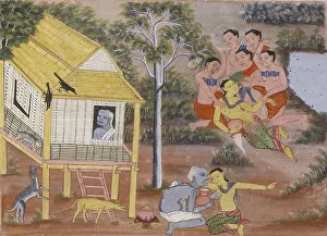 House On Stilts Prints: Vessantara Jataka, Chapter 5 (Jujaka), c1920-1940. Creator: Unknown