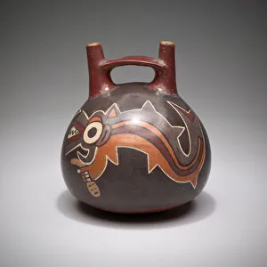 Double Spouted Prints: Vessel Depicting an Anthropomorphic Shark Holding a Trophy Head, 180 B. C. / A. D. 500