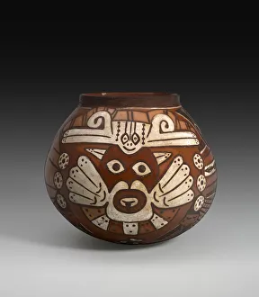 Walking Staff Gallery: Vessel Depicting a Costumed Ritual Performer Holding a Staff and a Trophy Head, 180 B.C