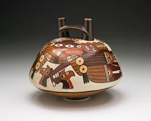 Trophy Head Prints: Vessel Depicting a Masked Warrior Holding Trophy Heads, 180 B. C. / A. D. 500