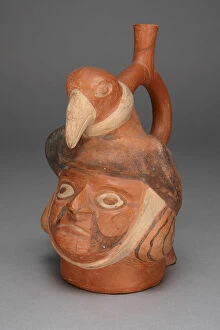 Looking Up Collection: Vessel in Form of a Head Wearing a Bird Headdress, 100 B.C. / A.D. 500. Creator: Unknown