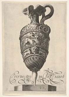 Borghegiano Gallery: Vessel with grotesque masks, griffins, and a frieze populated by a bull and men in