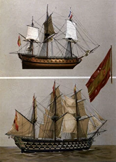 Insignia Collection: Vessels Rayo and Santa Ana with the insignia flag of Admiral Gravina, who took